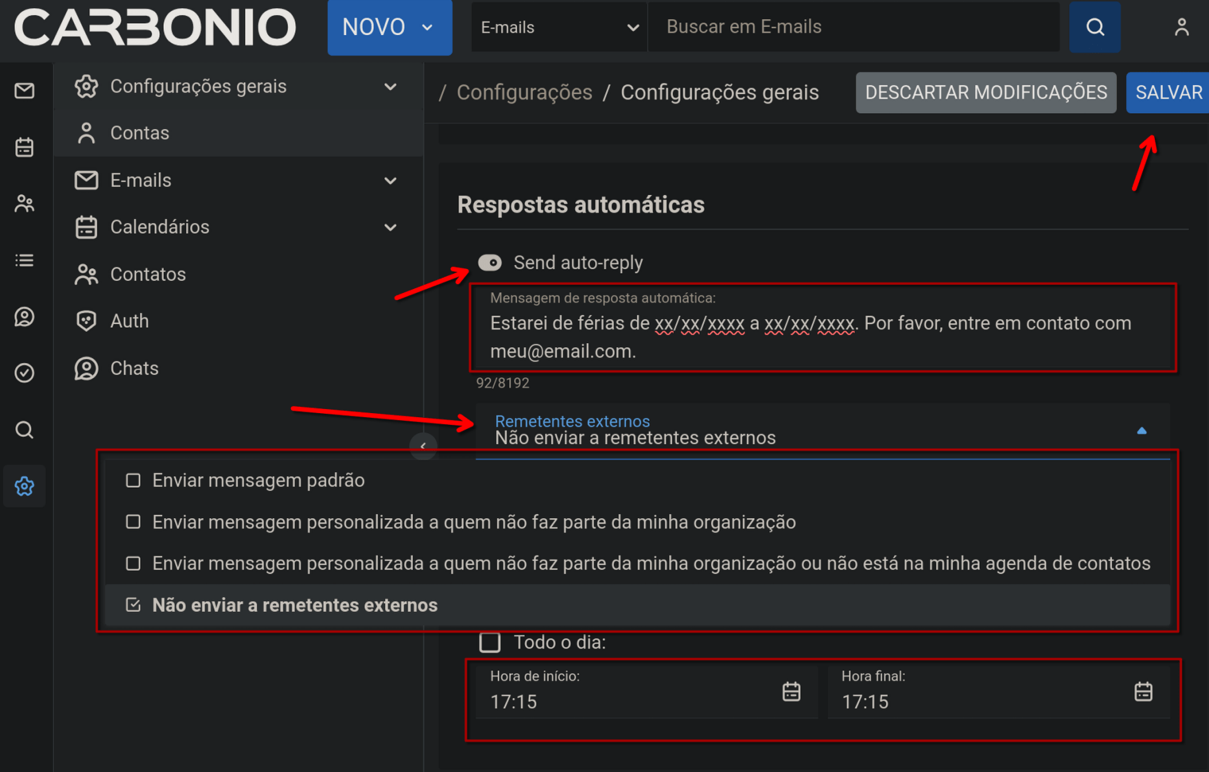 Configurar respostas automáticas