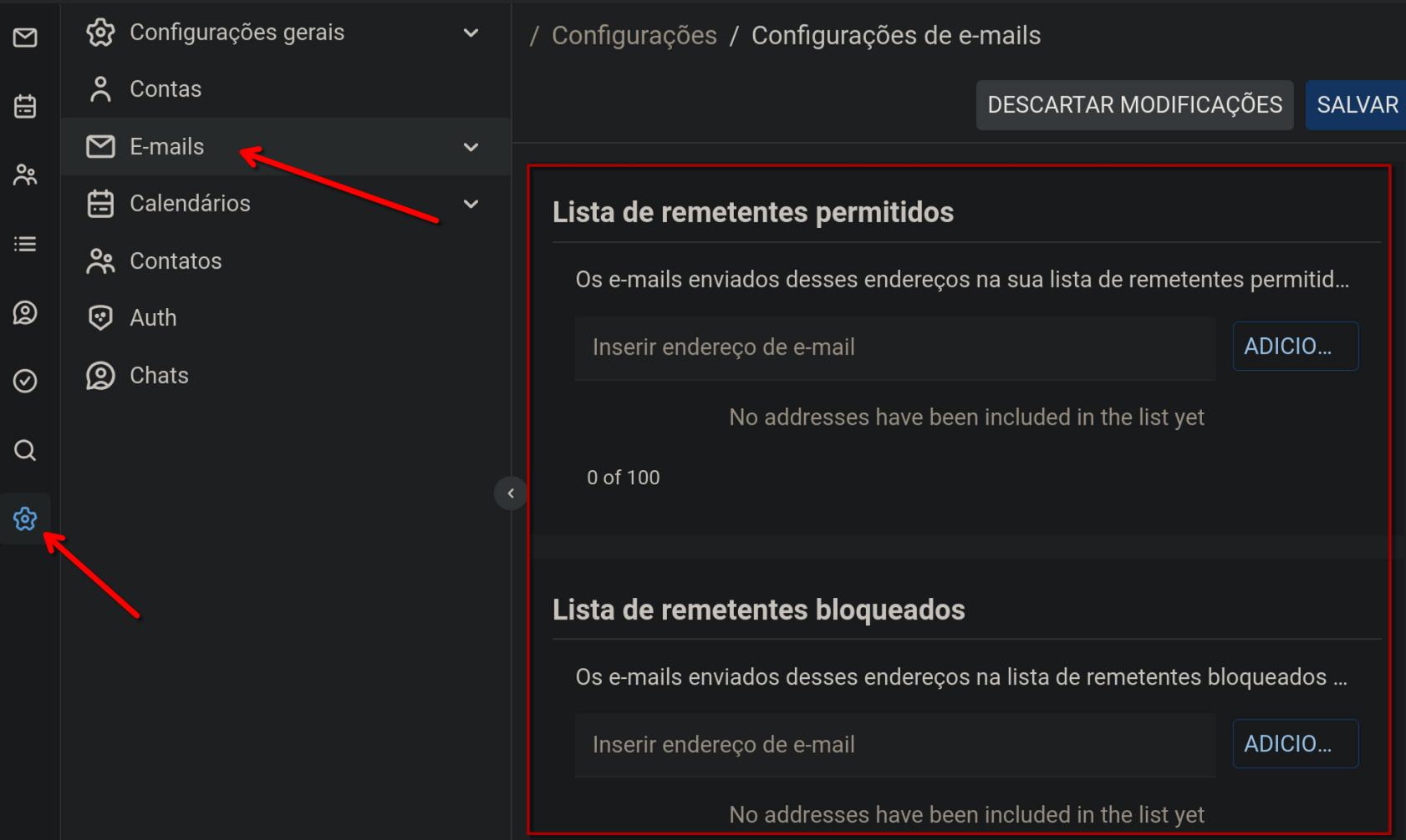 Lista de remetentes