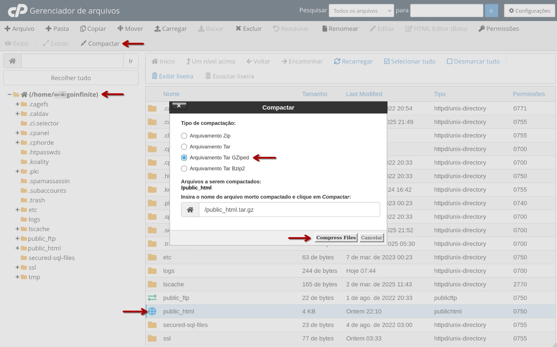 cPanel - Compactar Pasta Pública