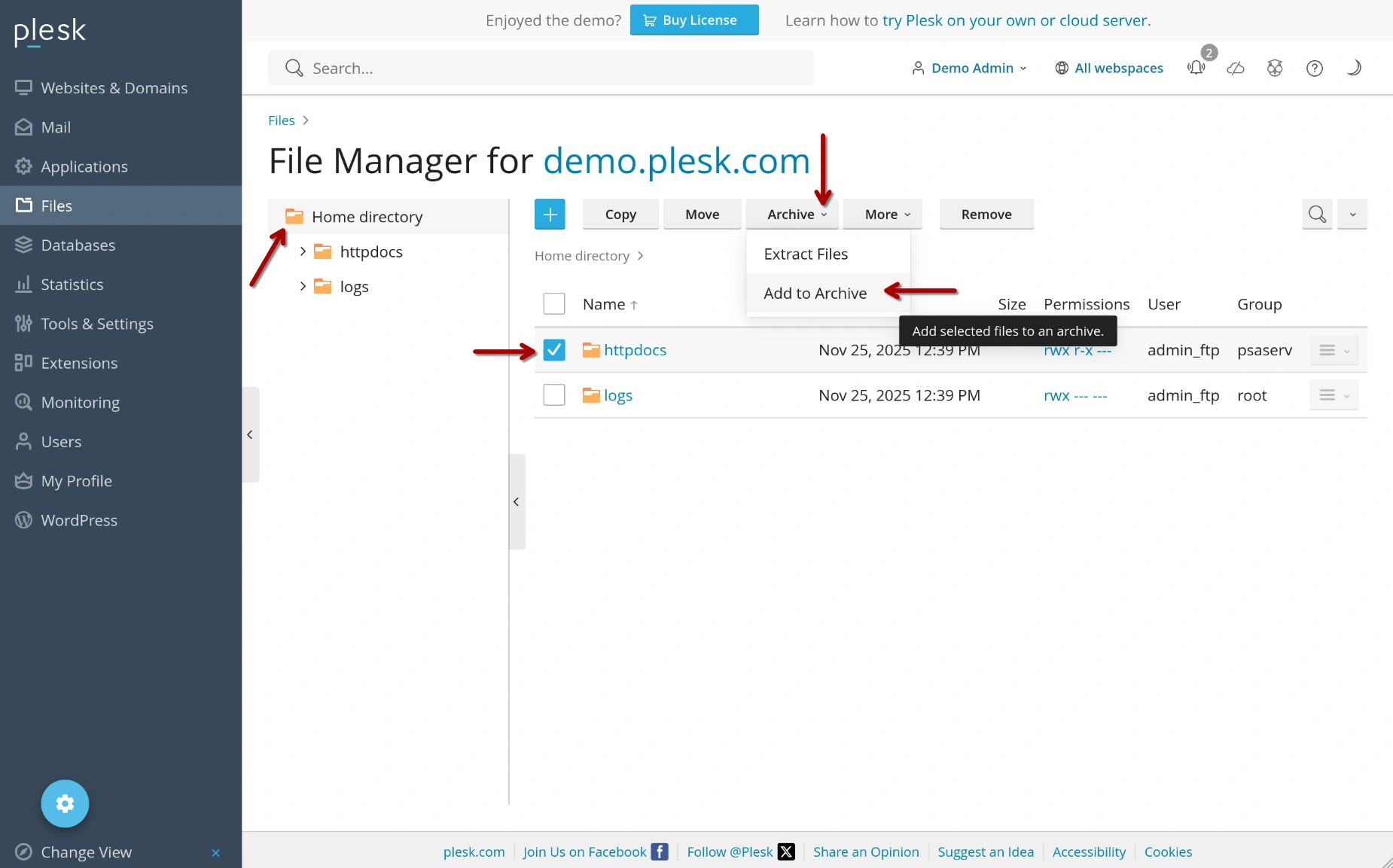 Plesk - Compactar Pasta Pública