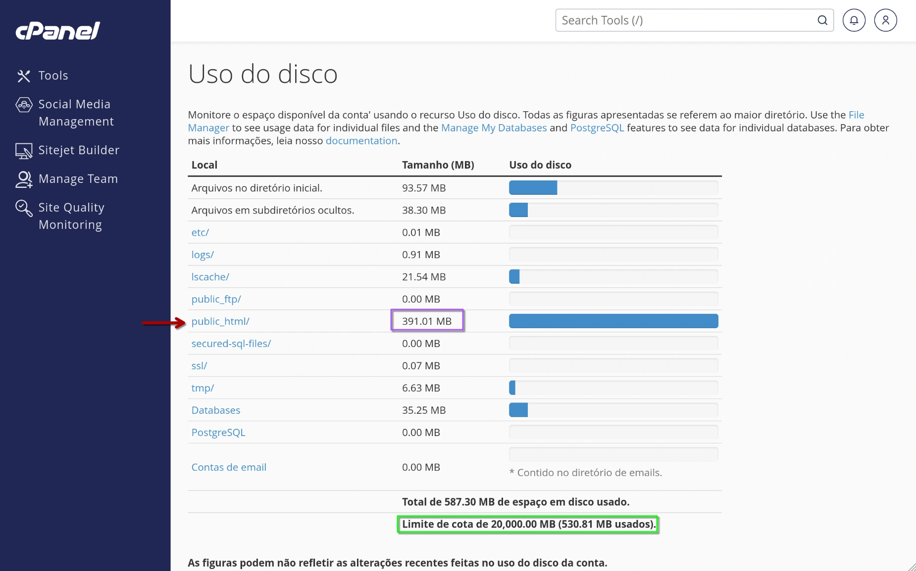 cPanel - Uso de Disco