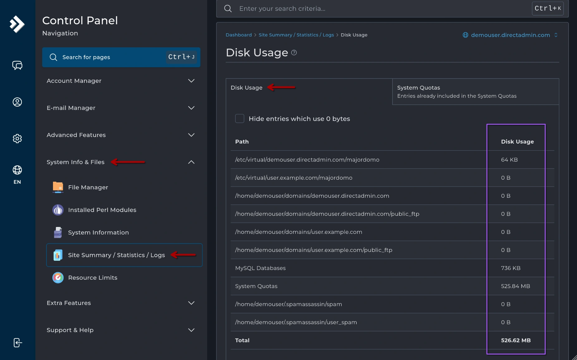 DirectAdmin - Uso de Disco
