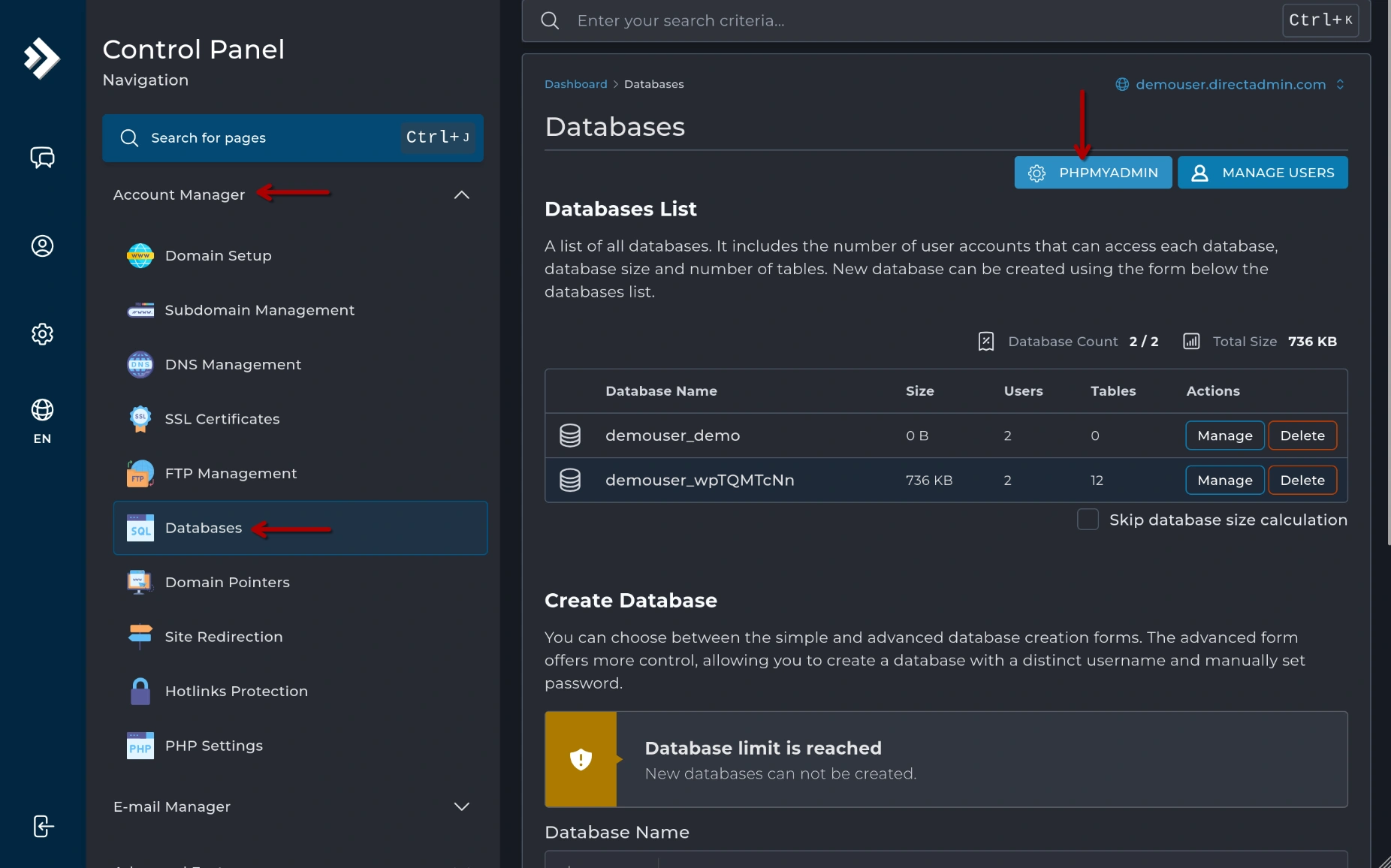 DirectAdmin - phpMyAdmin