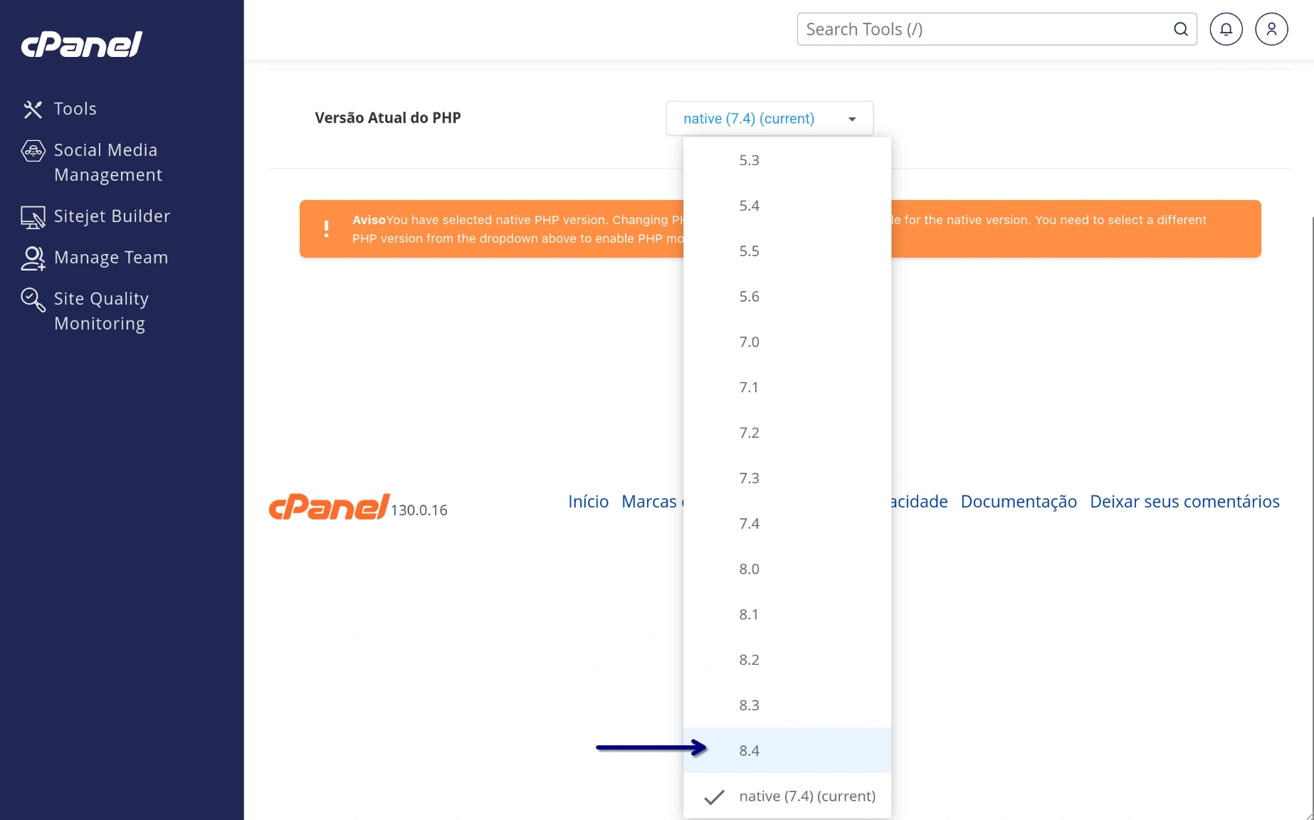 Seletor de Versão PHP - Alterar Versão