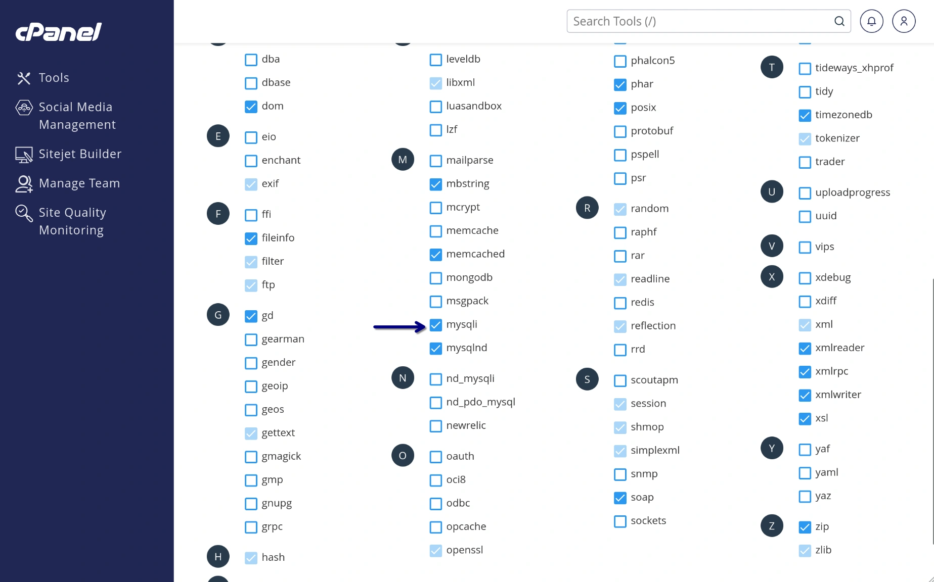 Seletor de Versão PHP - Ativar Extensão