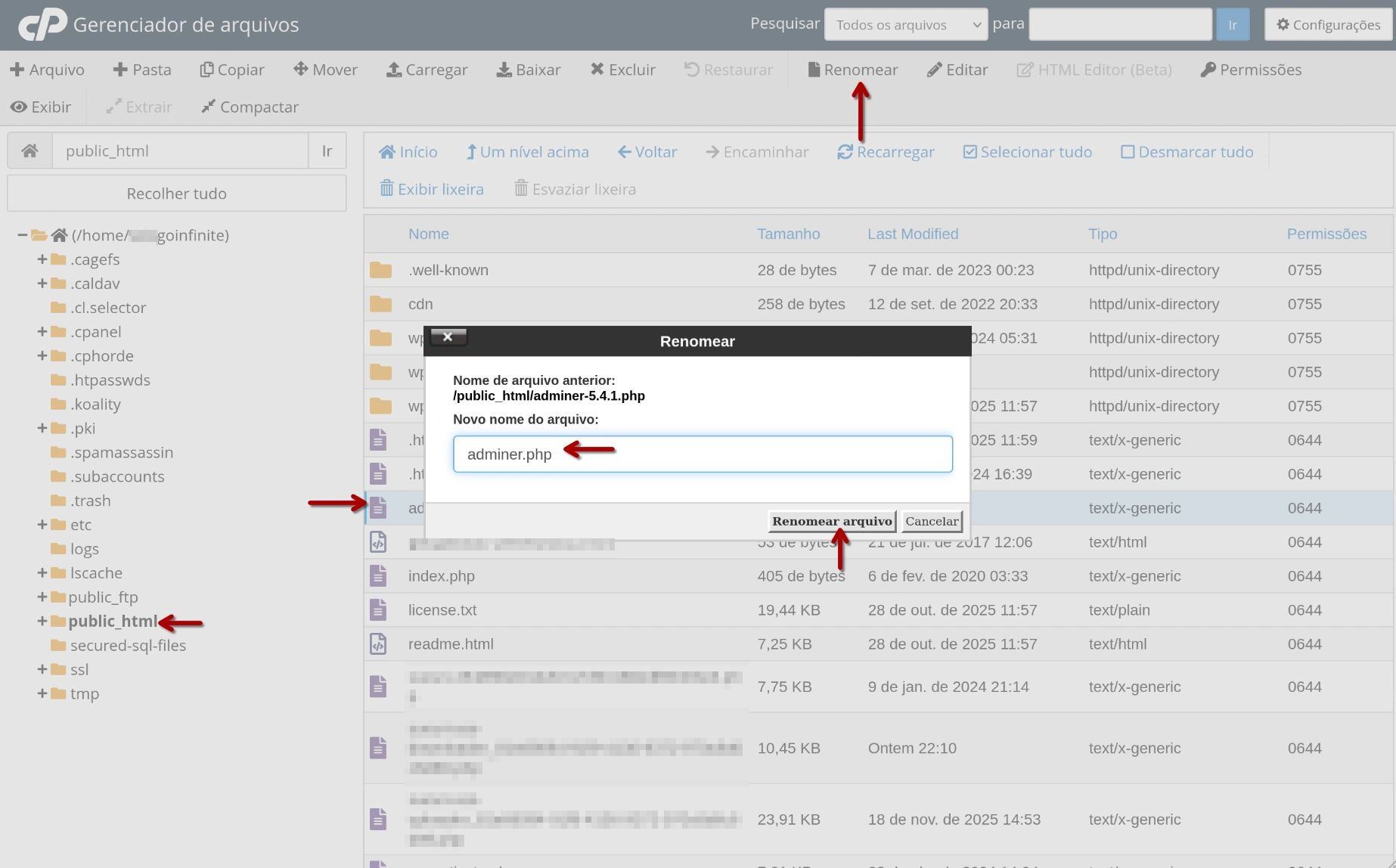 cPanel - Gerenciador de Arquivos - Renomear Adminer