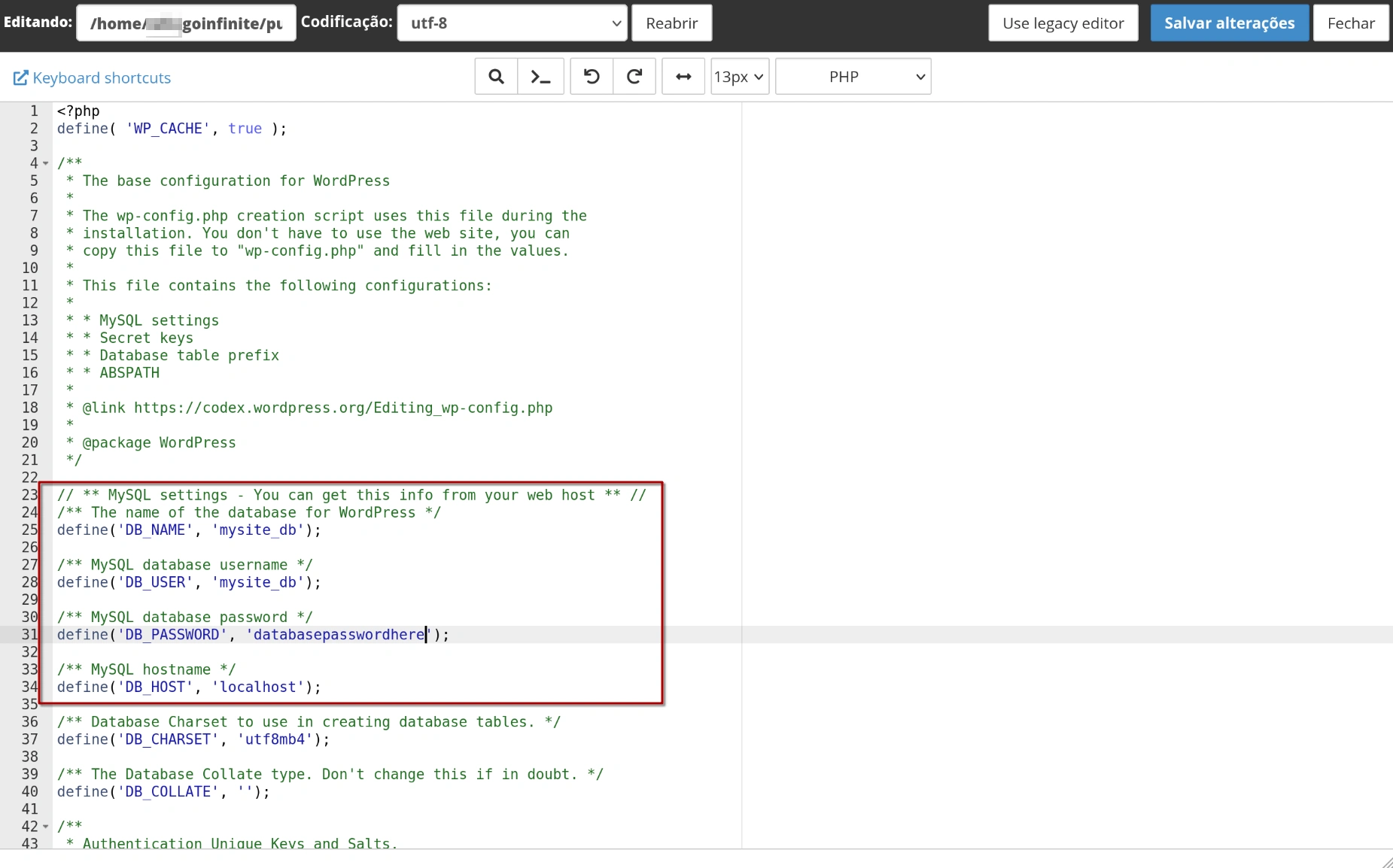 cPanel - Gerenciador de Arquivos - Editar wp-config