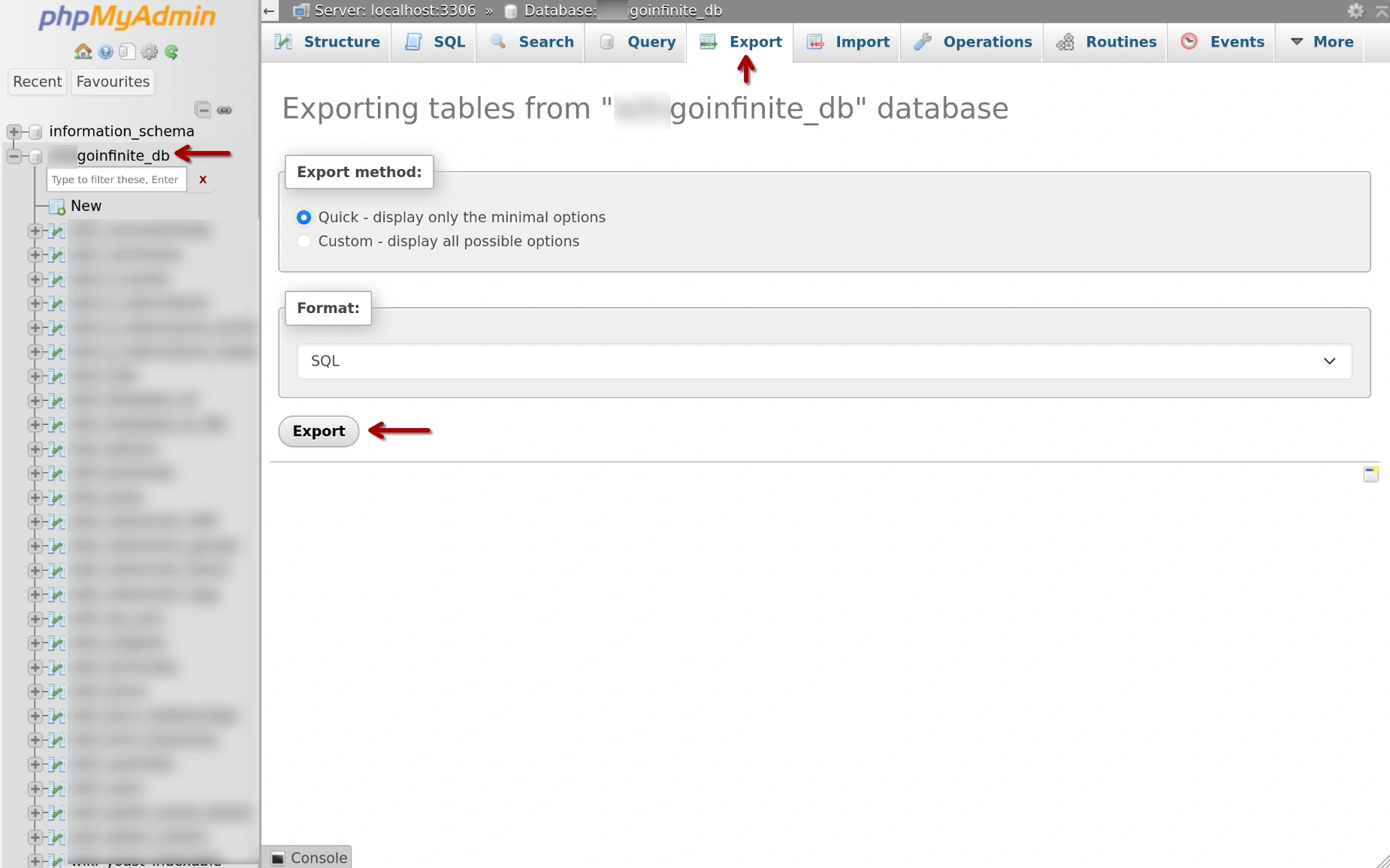phpMyAdmin - Export Quick
