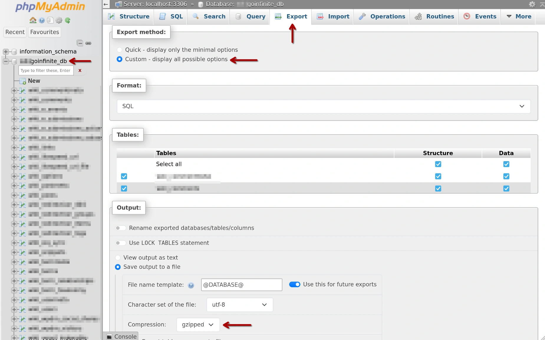 phpMyAdmin - Export Custom