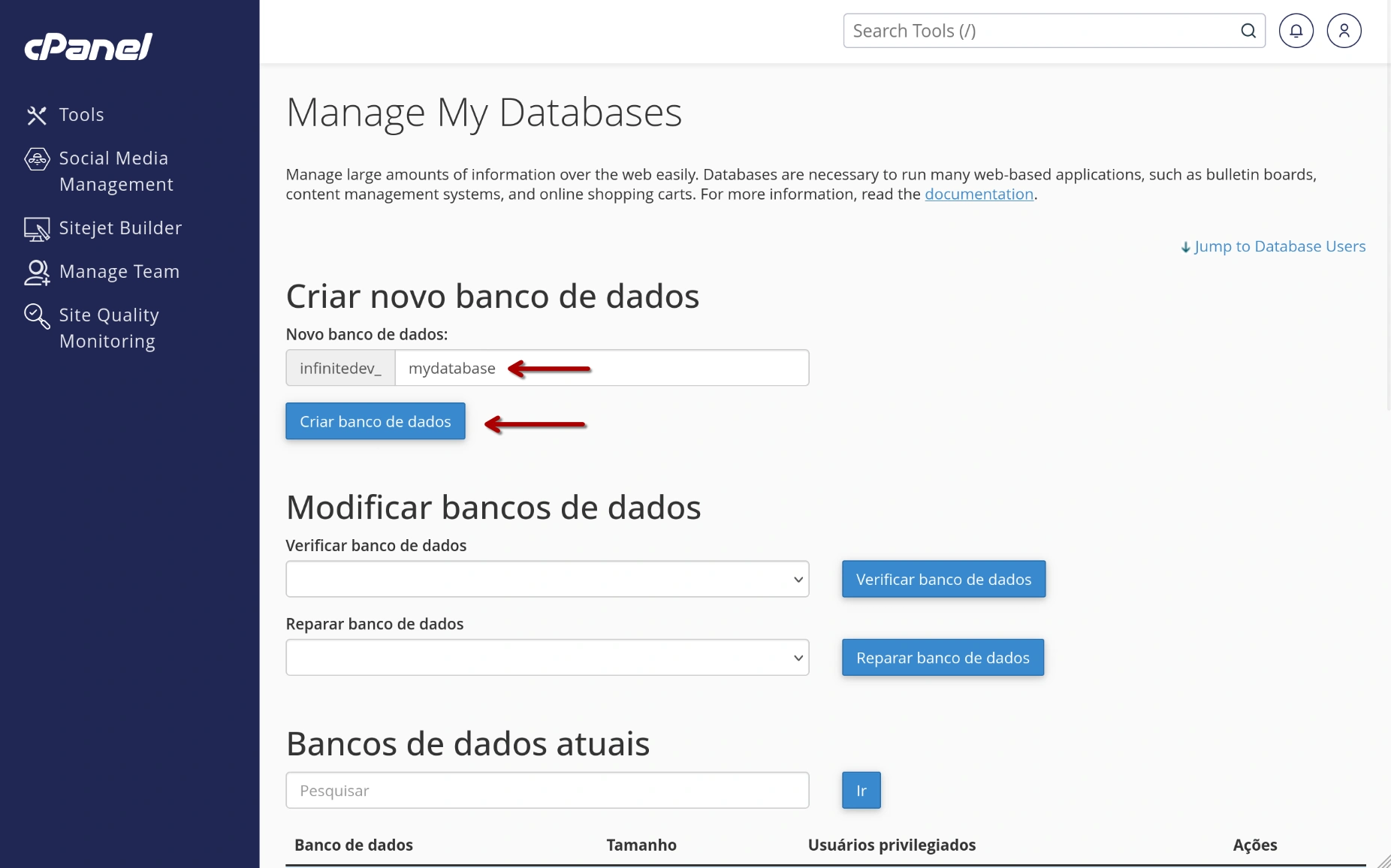 cPanel - Base de Dados - Criar