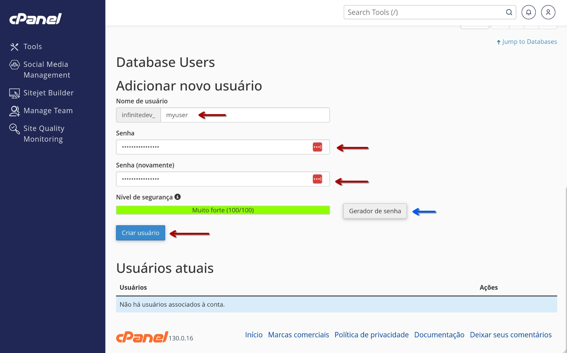 cPanel - Base de Dados - Criar Usuário