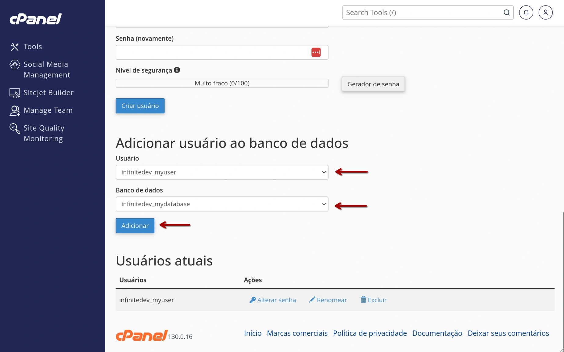 cPanel - Base de Dados - Vincular Usuário