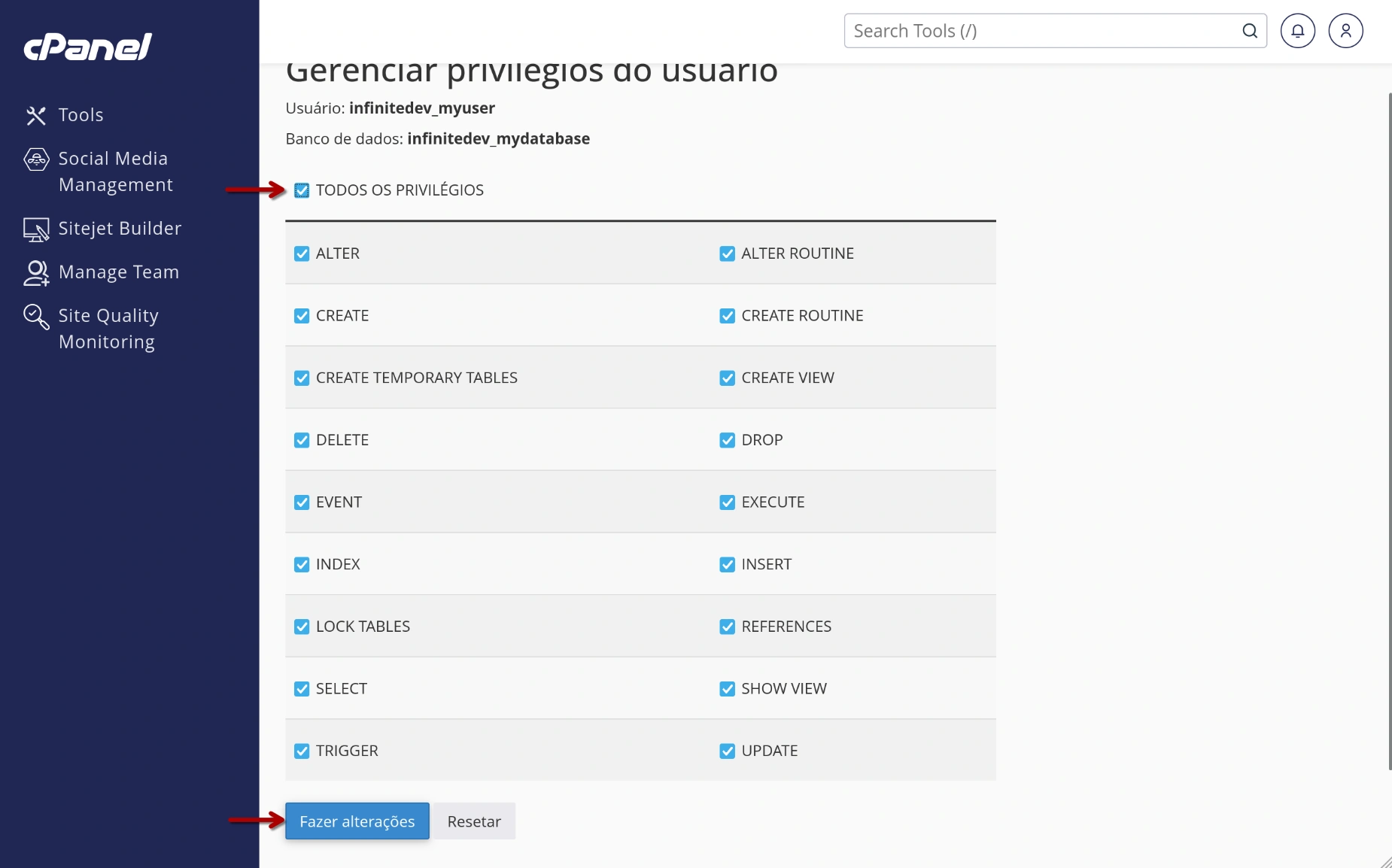 cPanel - Base de Dados - Permissões